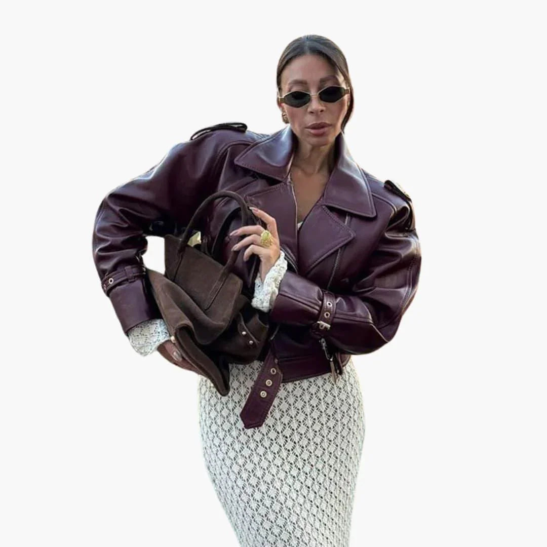 Elegant Brown Leather Jacket for Women with Notch Lapel Long Sleeve Cropped Belted Biker Style