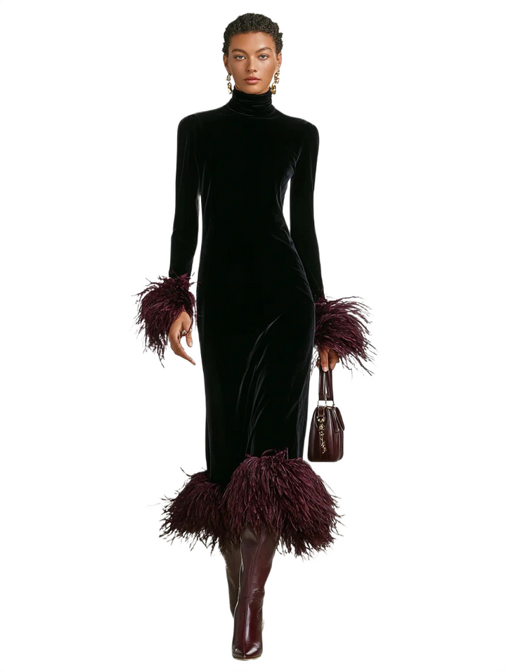 Anna - Women's Minimalist Velvet Patchwork Faux Ostrich Feather Cuffs And Hem Maxi Dress