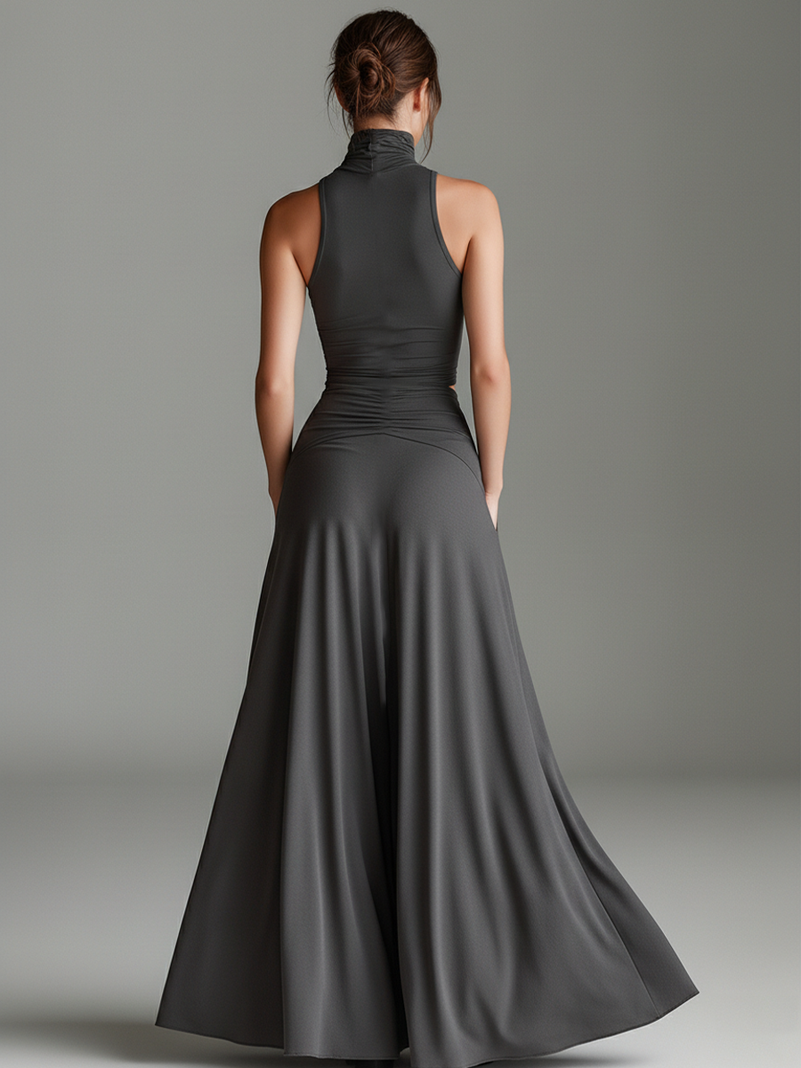 Elegant Gray Maxi Dress for Women with Turtleneck Halter Cutout Waist Ruched Skirt Sleeveless Formal Style