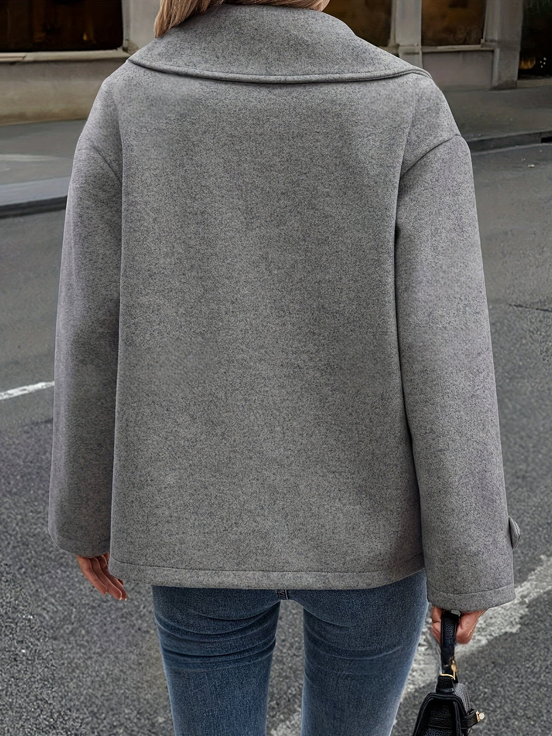 Elegant Dark Gray Wool High Pea Coat for Women with Notched Lapel Long Sleeve Double Breasted Oversized Style
