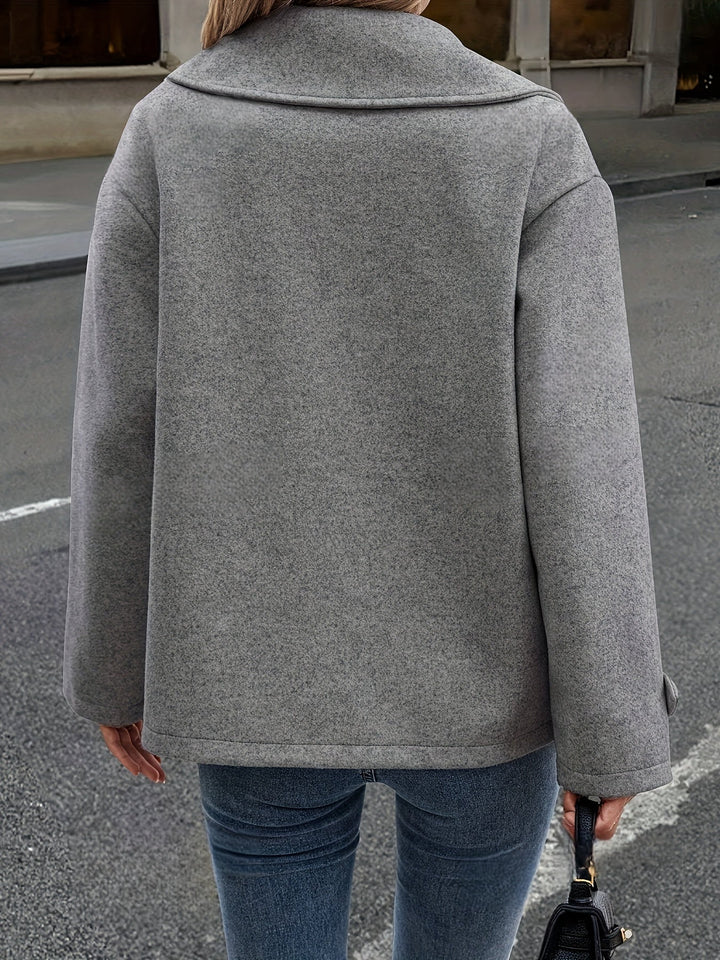 Elegant Dark Gray Wool High Pea Coat for Women with Notched Lapel Long Sleeve Double Breasted Oversized Style