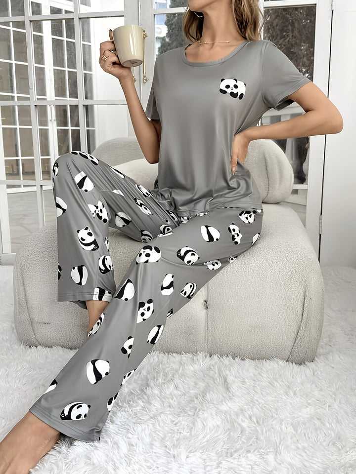 Comfortable Grey Pajamas for Women with Panda Print Short Sleeve Two Piece