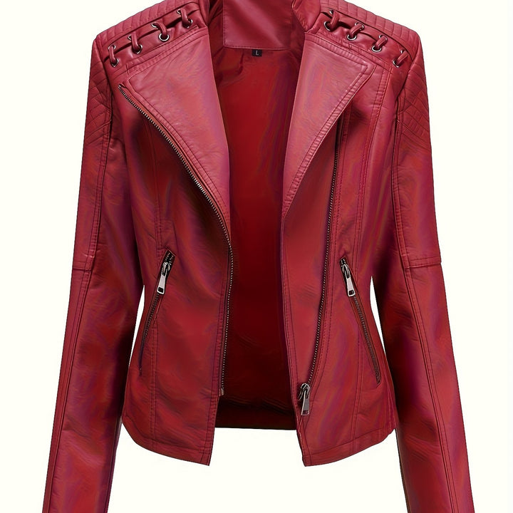 Elegant Leather Moto Jacket for Women with Notch Lapel Zip Front Studded Shoulder