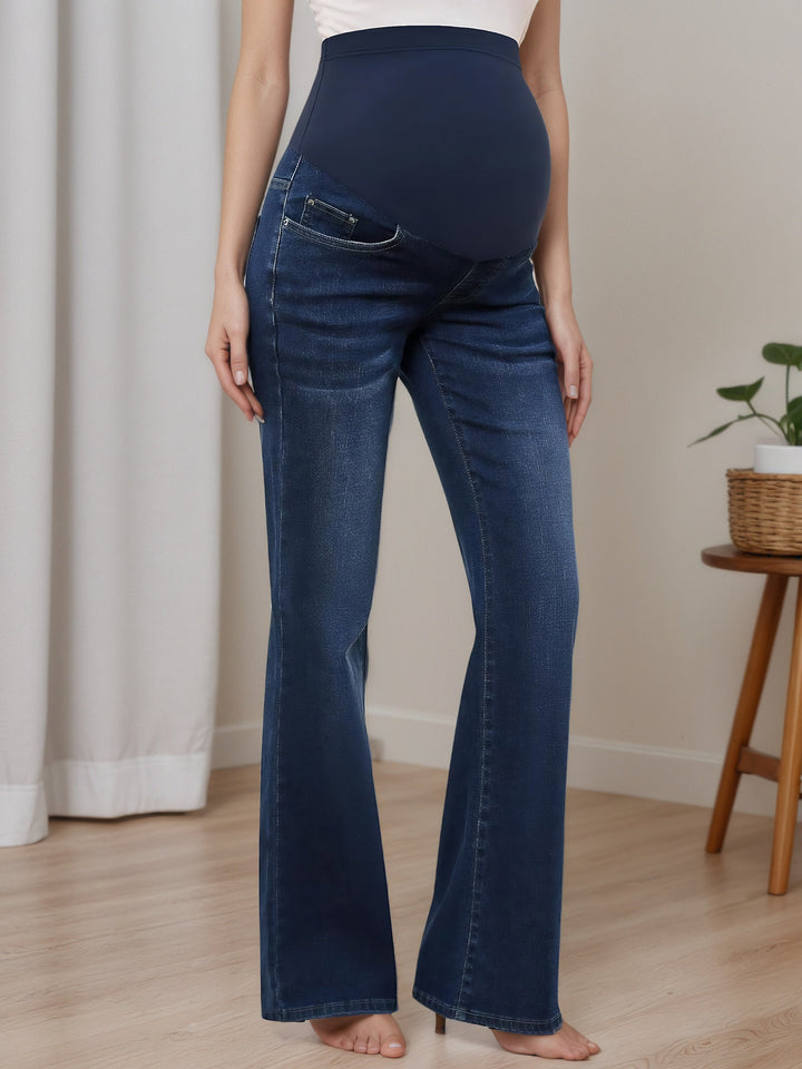 Effortless Denim Maternity Jeans for Women with Belly Panel Flare Leg Stretch Casual Style