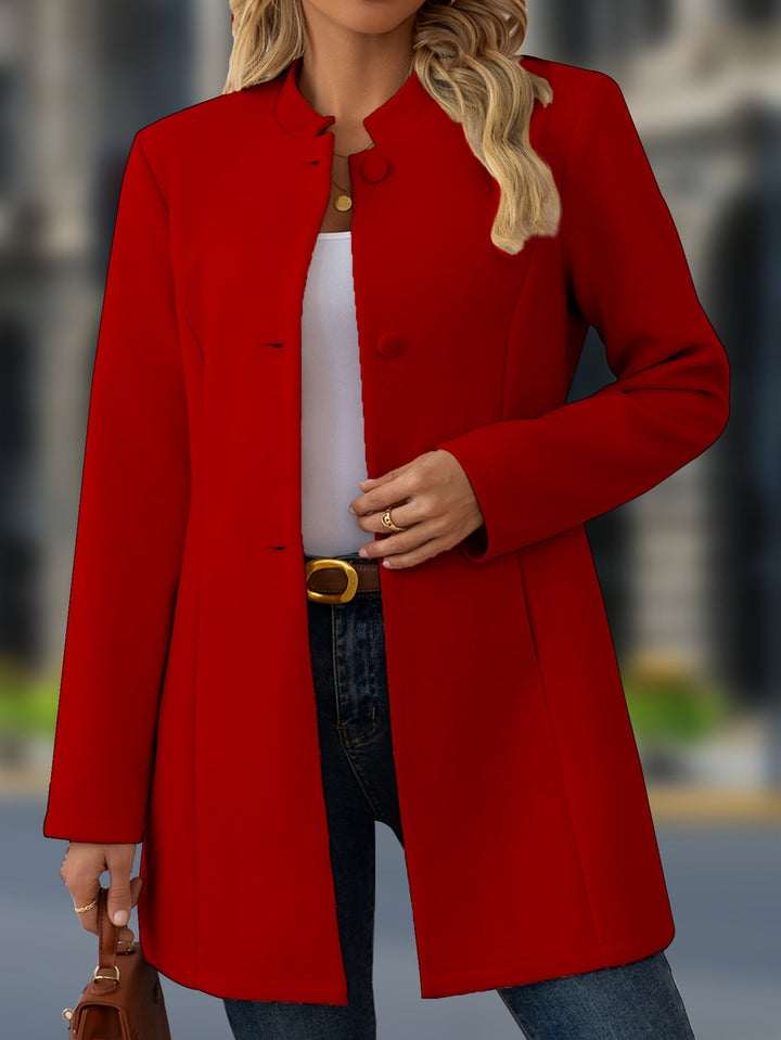 Elegant Wool Coat for Women with Stand Collar Button Front Belted Waist