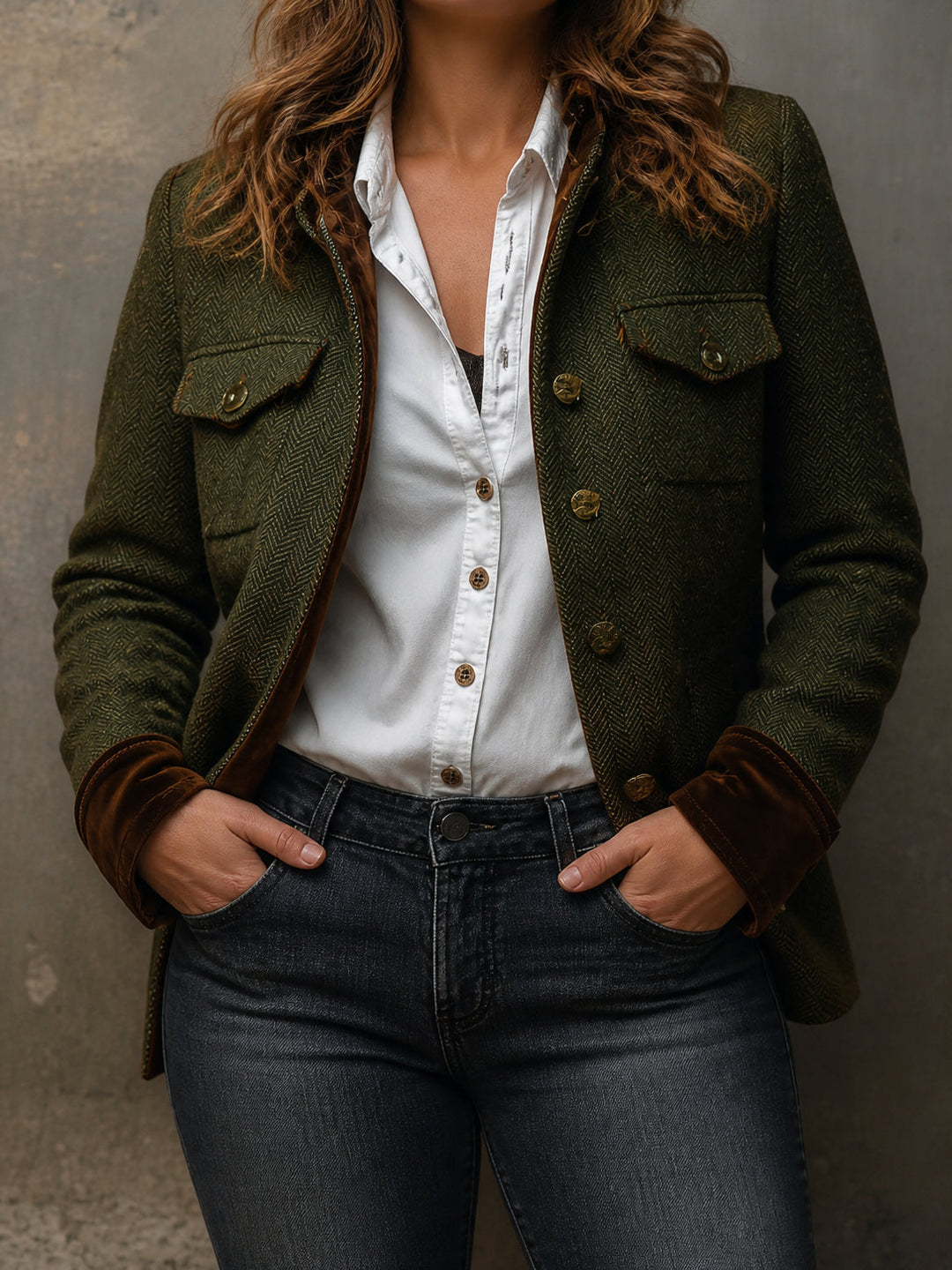 Herringbone contrast trim blazer in olive