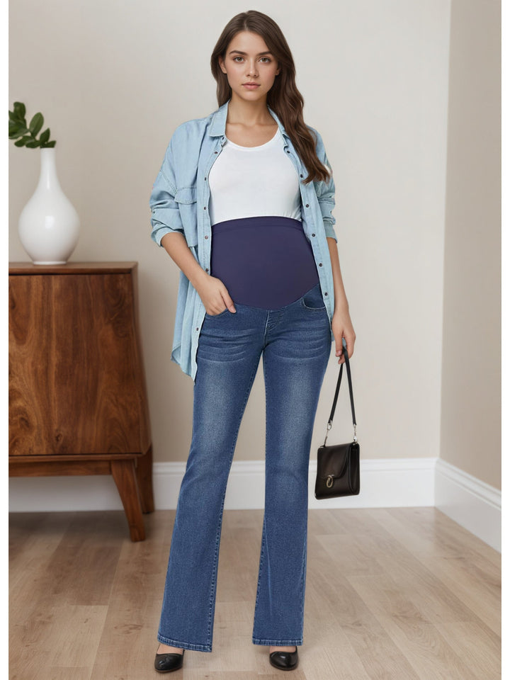 Effortless Denim Maternity Jeans for Women with Belly Panel Flare Leg Stretch Casual Style