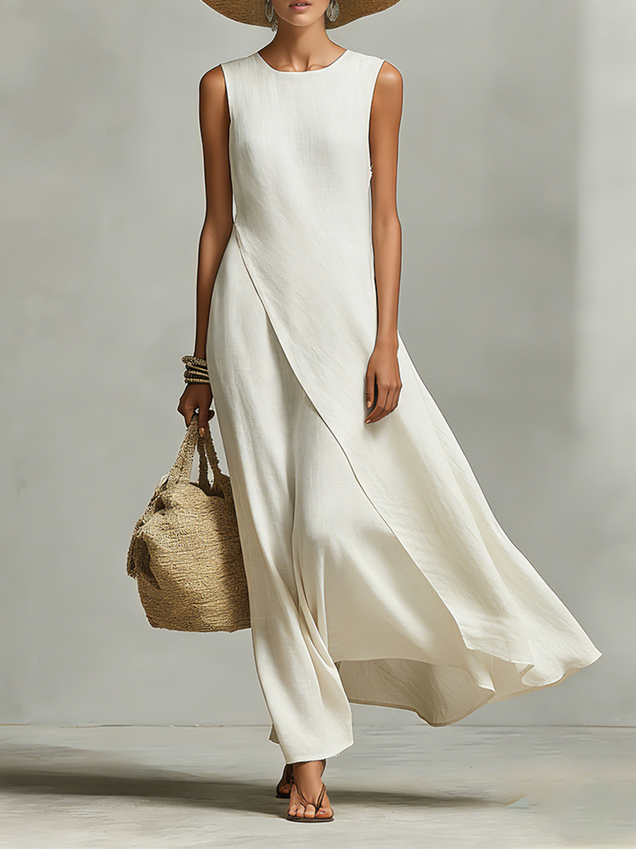 Ivory sleeveless linen dress with asymmetric hem