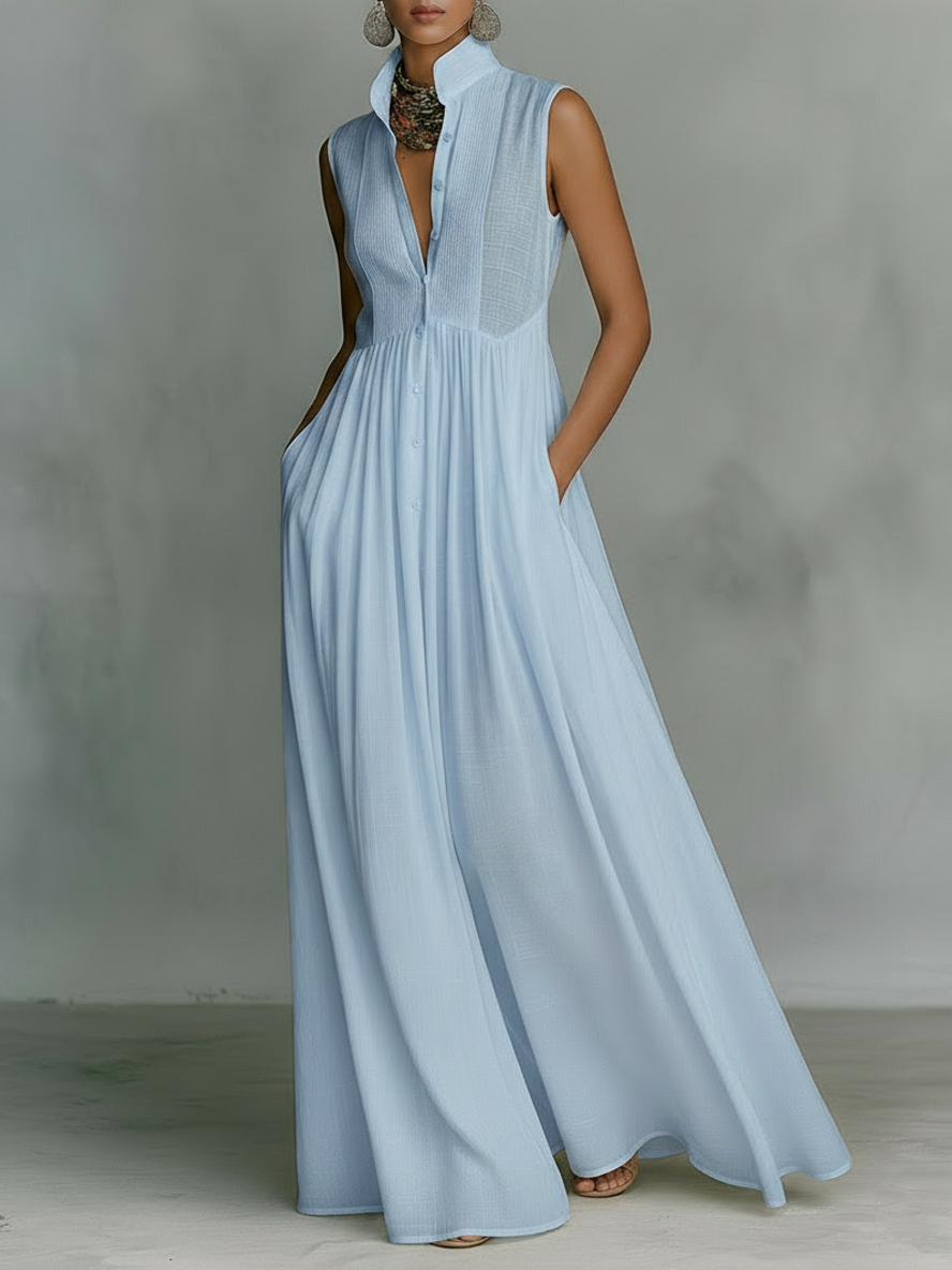 Minimalist cotton-linen sleeveless maxi dress in blue