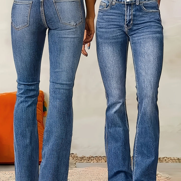 Effortless Medium Blue Flare Jeans for Women with High Waist Button Front Bootcut Relaxed Style