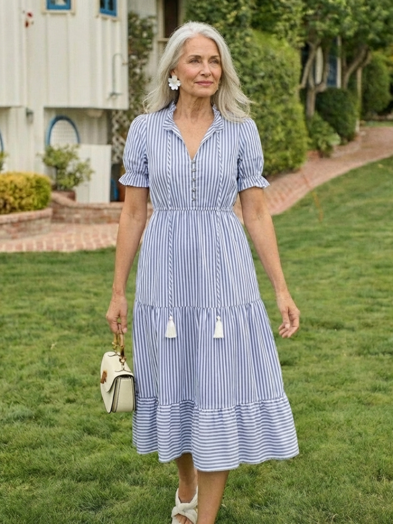 blue and white striped tiered dress Off White and Sapphire Striped Tiered Maxi Dress