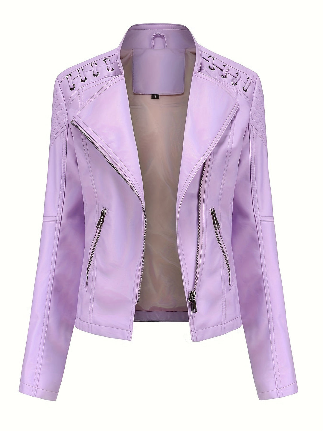 Elegant Leather Moto Jacket for Women with Notch Lapel Zip Front Studded Shoulder