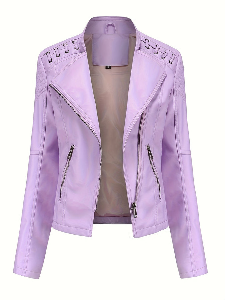 Elegant Leather Moto Jacket for Women with Notch Lapel Zip Front Studded Shoulder