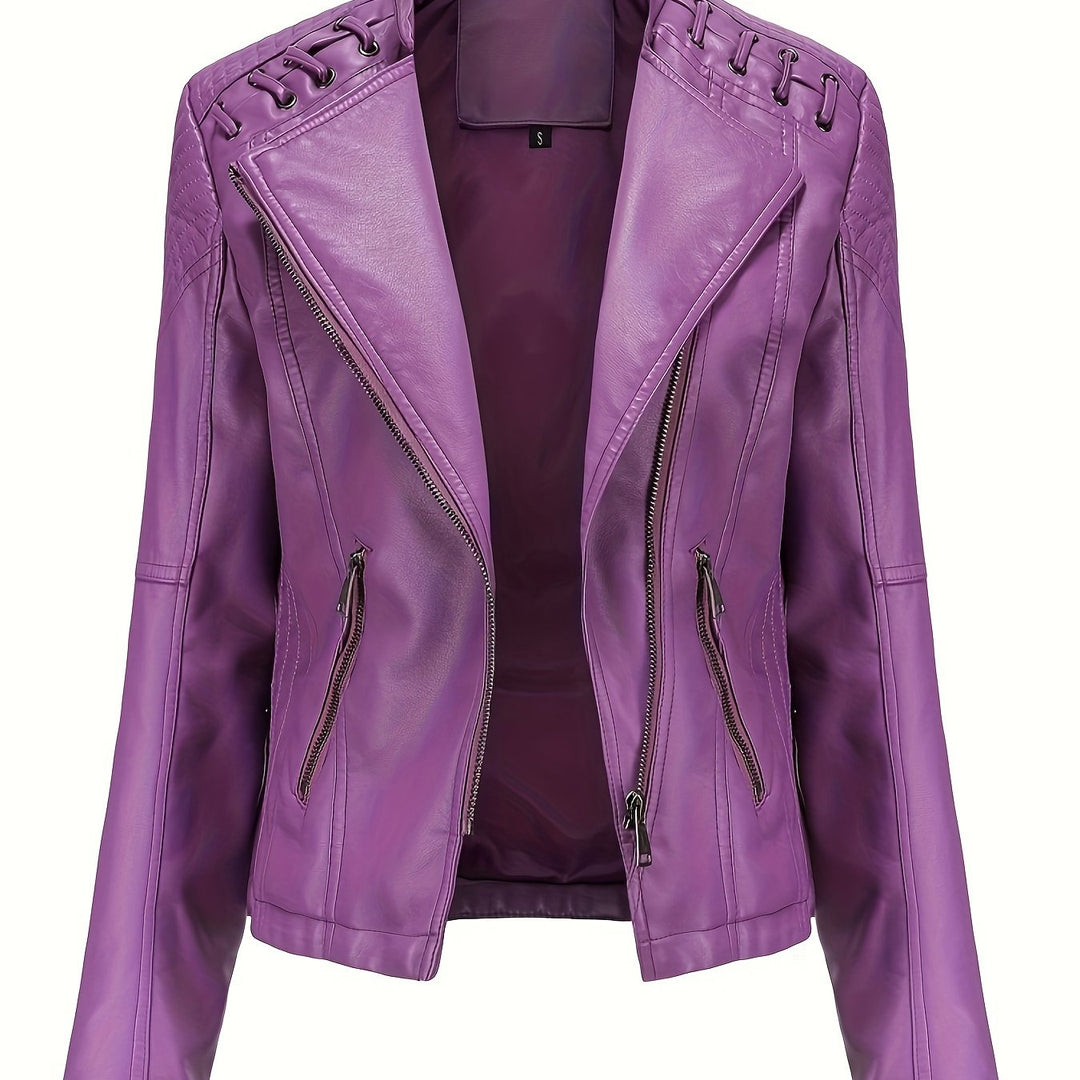 Elegant Leather Moto Jacket for Women with Notch Lapel Zip Front Studded Shoulder