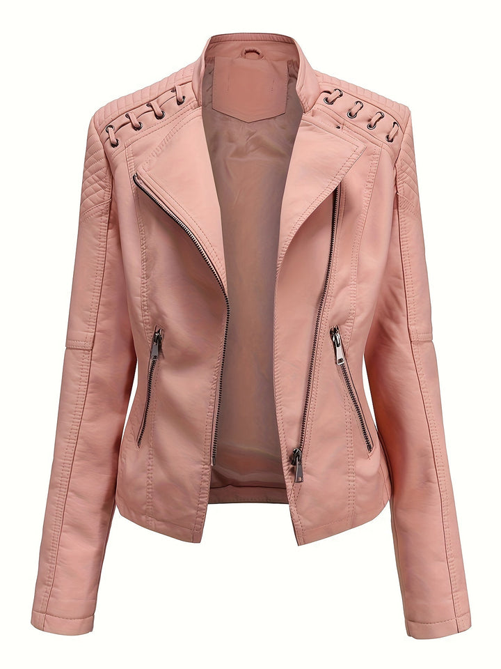 Elegant Leather Moto Jacket for Women with Notch Lapel Zip Front Studded Shoulder
