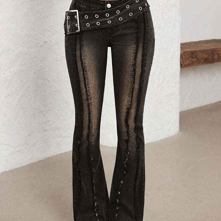 Effortless Distressed Denim Buckle Jeans for Women with Low Rise Grommet Waist Flare Frayed Hem Style