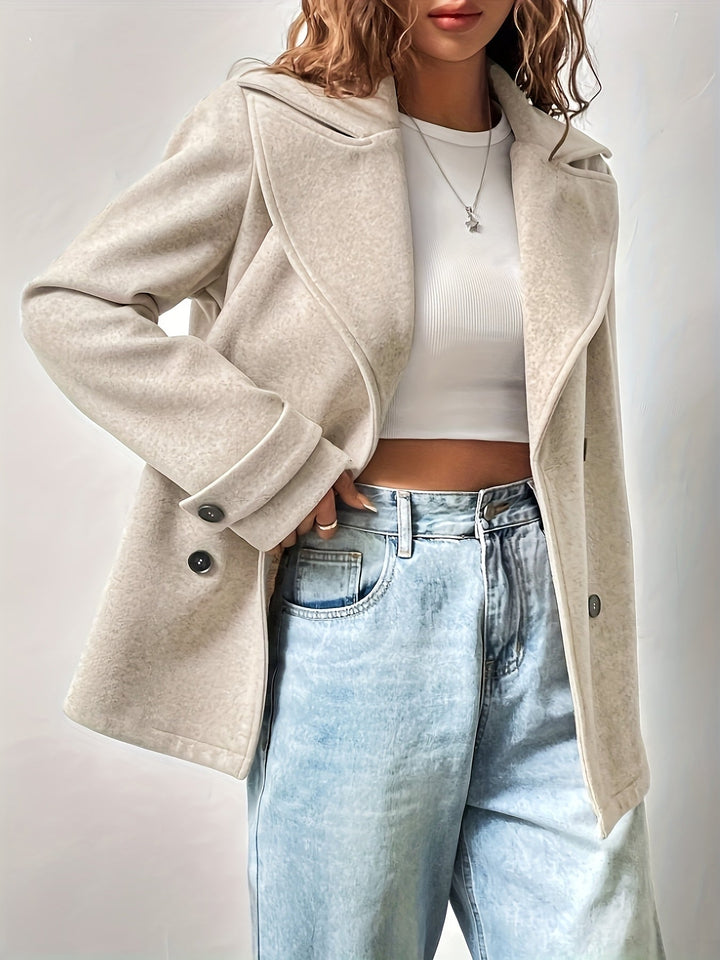 Elegant Beige High Pea Coat for Women with Notched Collar Long Sleeve Double Breasted Relaxed Style