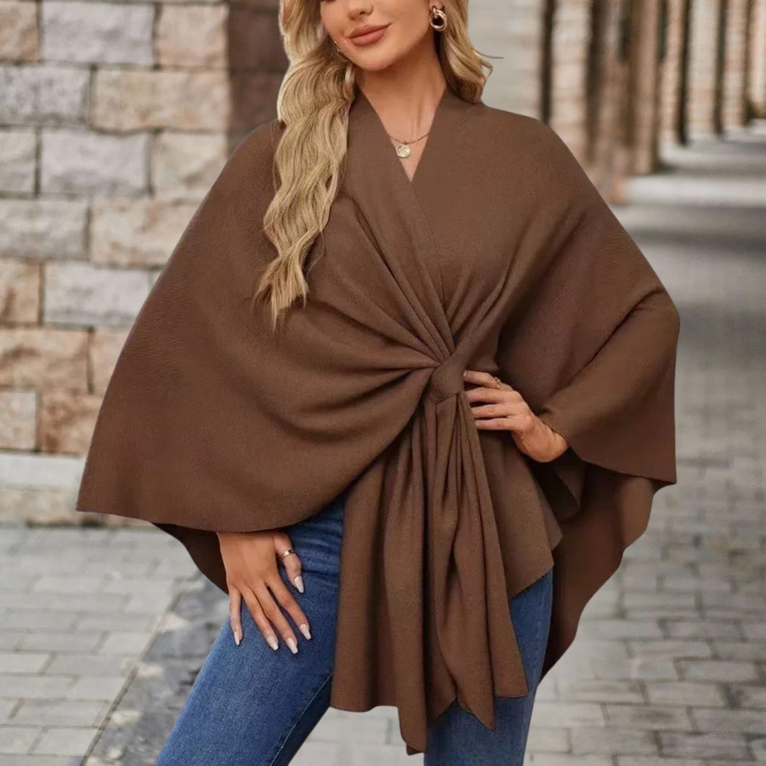 Elegant Knit Poncho for Women with V Neck Batwing Sleeve Tie Waist Wrap Style