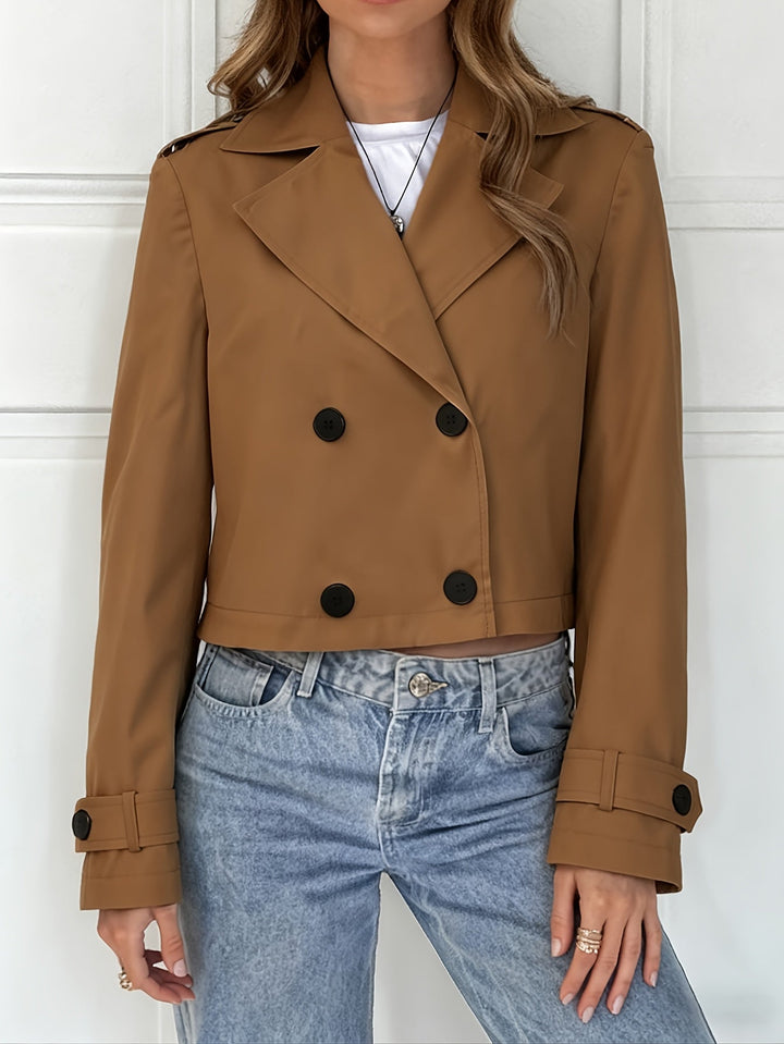 Elegant Brown Cropped Pea Coat for Women with Notched Lapel Long Sleeve Double Breasted Casual Style