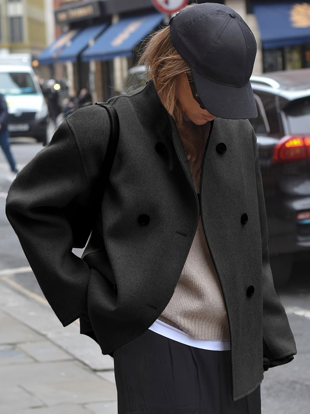Effortless Wool Pea Coat for Women with Stand Collar Long Sleeve Double Breasted Oversized Casual Style