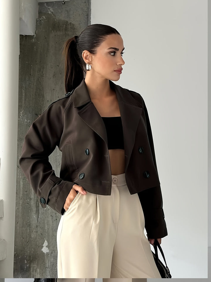 Elegant Coffee Brown Pea Coat for Women with Notched Lapel Long Sleeve Double Breasted Cropped Style
