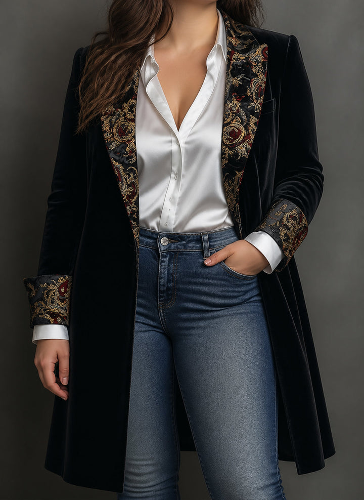 Baroque trim embroidered long blazer in black