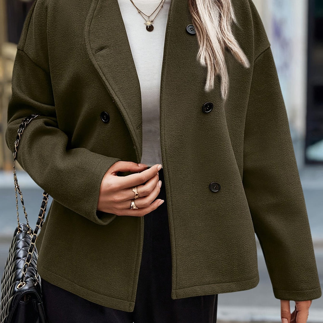 Elegant Dark Green Pea Coat for Women with Stand Collar Long Sleeve Double Breasted Relaxed Style