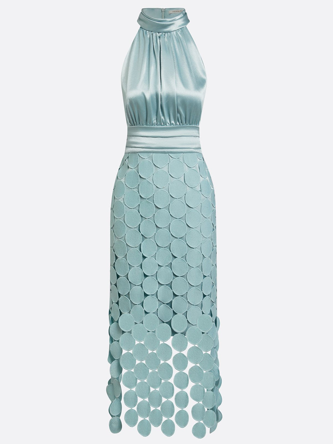 Elegant Satin Circle Cutout Midi Dress for Women with Halter Neck Sleeveless Ruched Waist Autumn Wedding Guest Style