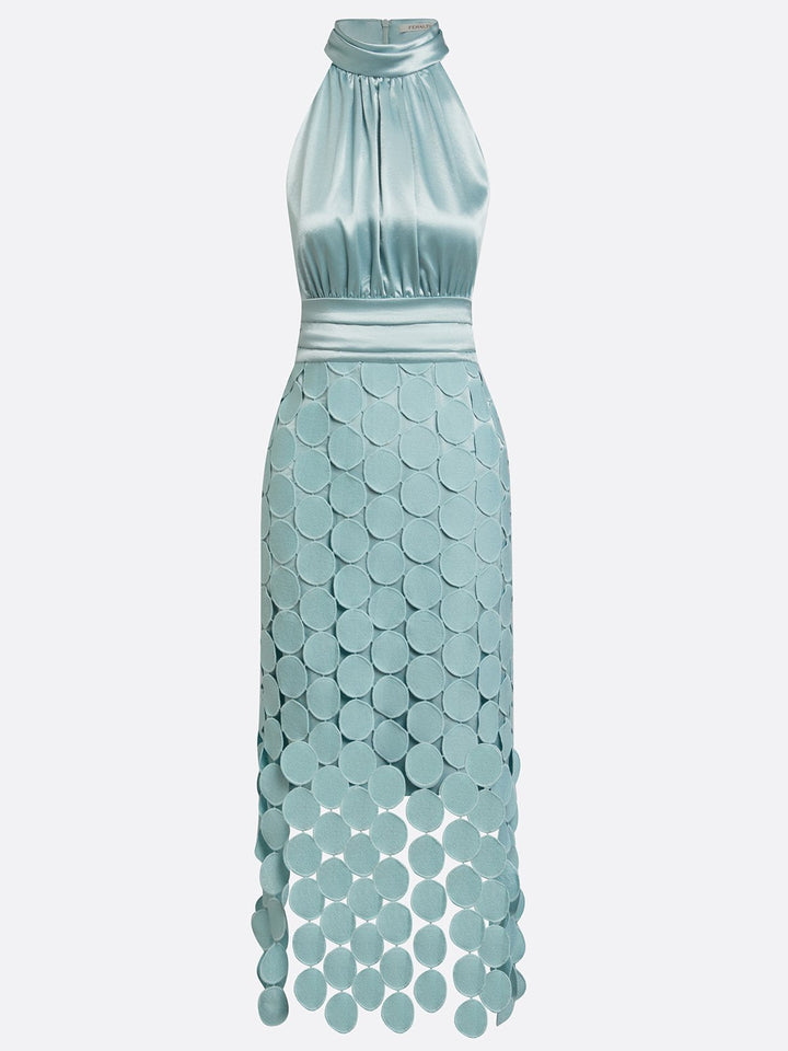 Elegant Satin Circle Cutout Midi Dress for Women with Halter Neck Sleeveless Ruched Waist Autumn Wedding Guest Style