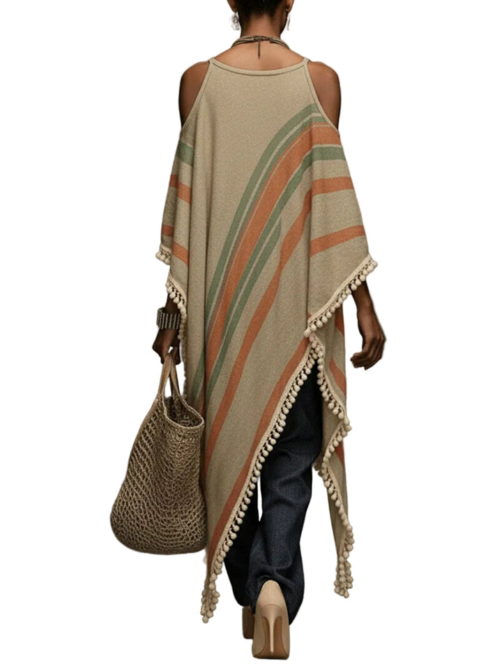 Khaki Linen Blend Printed Off Shoulder Dress With Fringe Hem