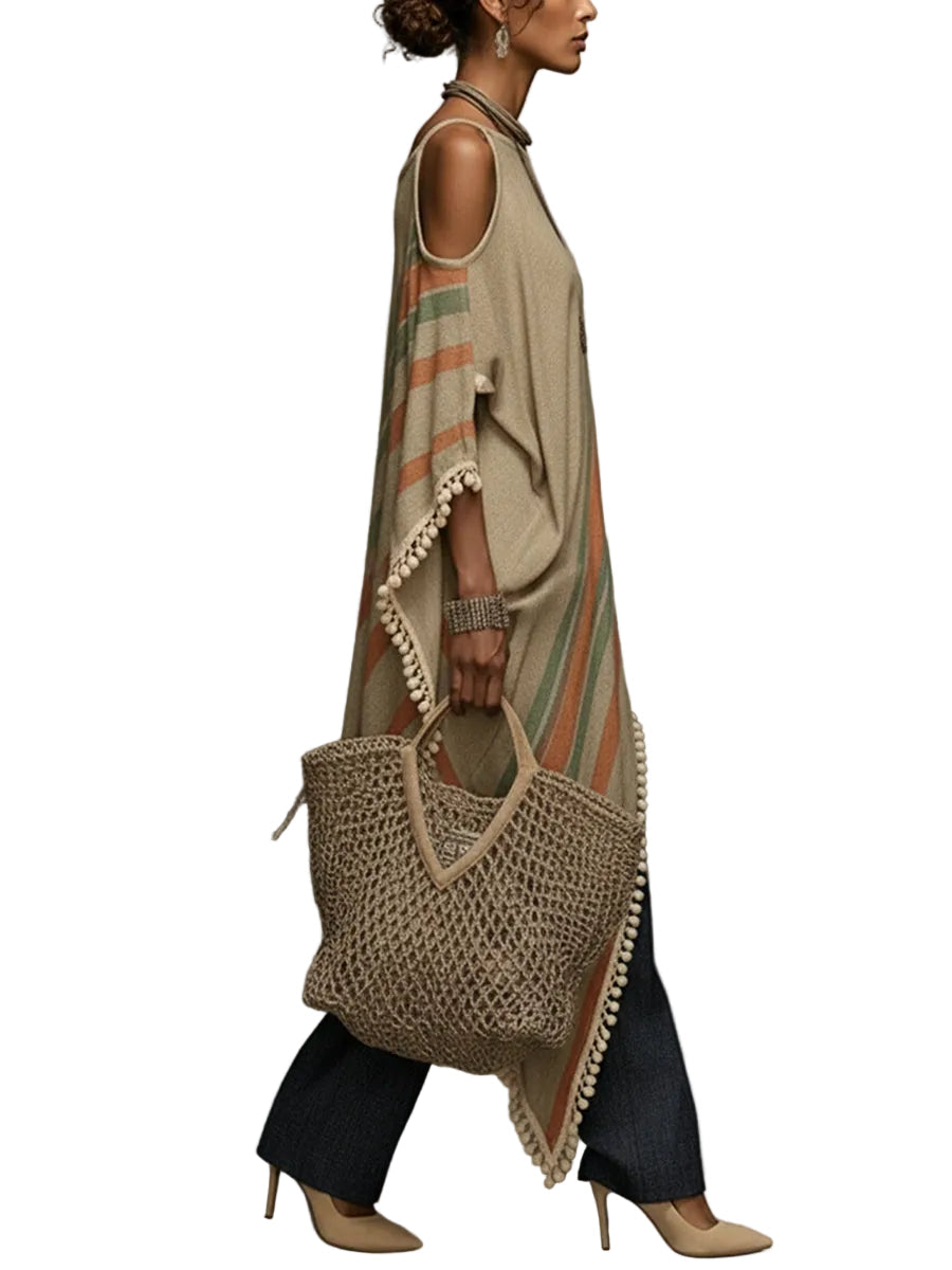 Khaki Linen Blend Printed Off Shoulder Dress With Fringe Hem