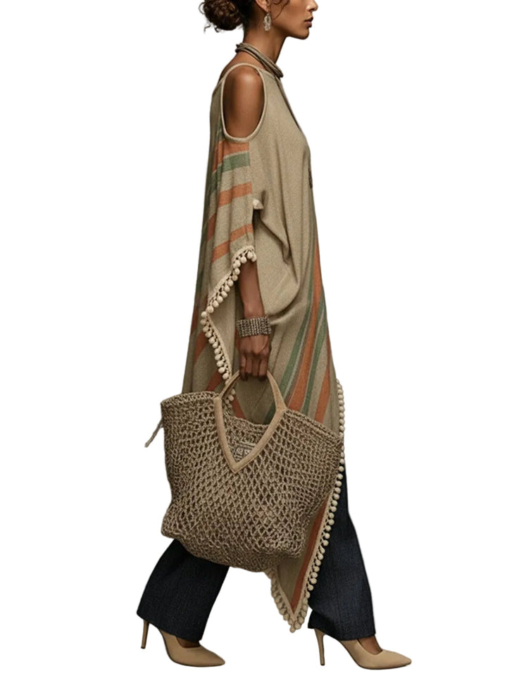 Khaki Linen Blend Printed Off Shoulder Dress With Fringe Hem