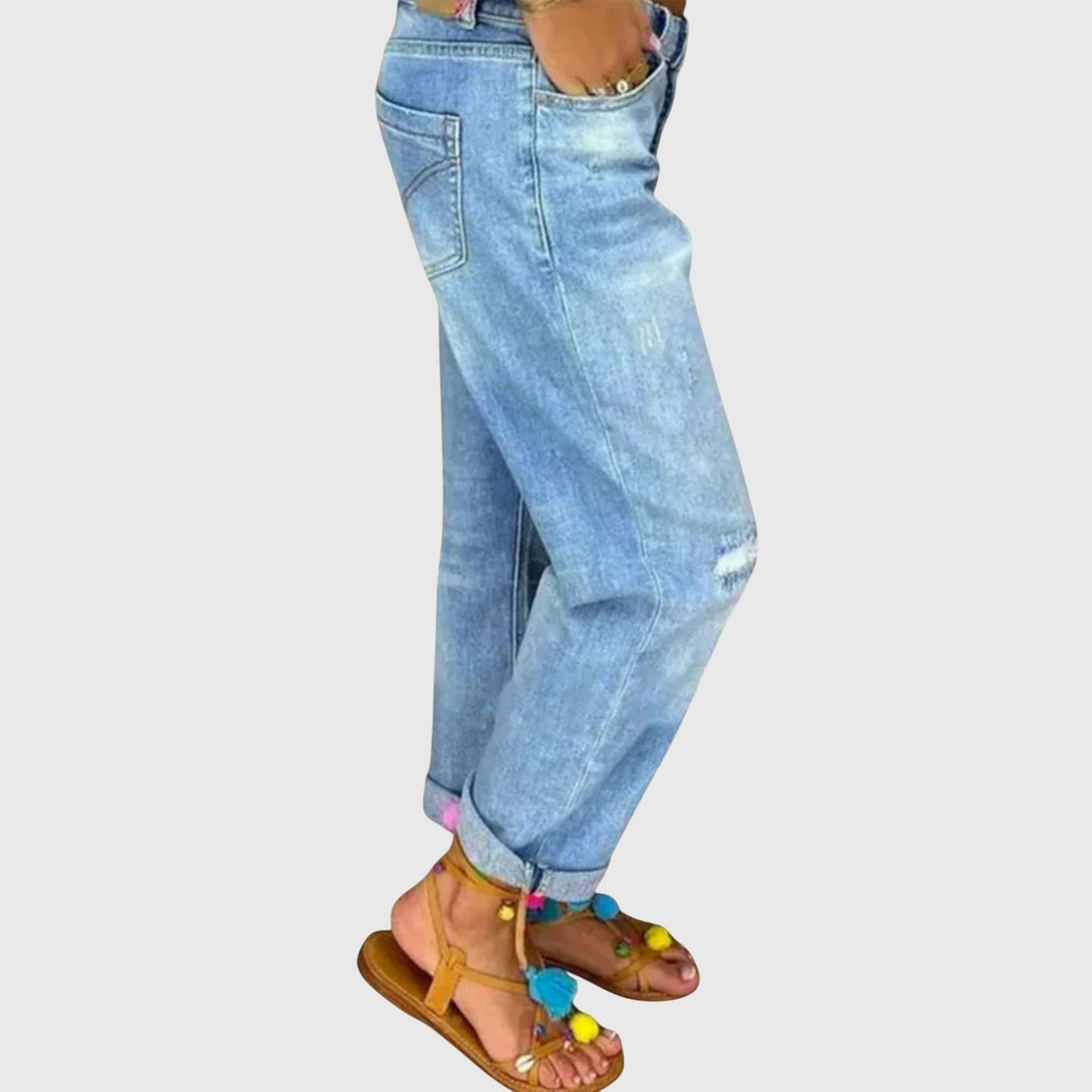 Effortless Blue Distressed Mom Jeans for Women with High Waist Button Fly Cuffed Relaxed Style