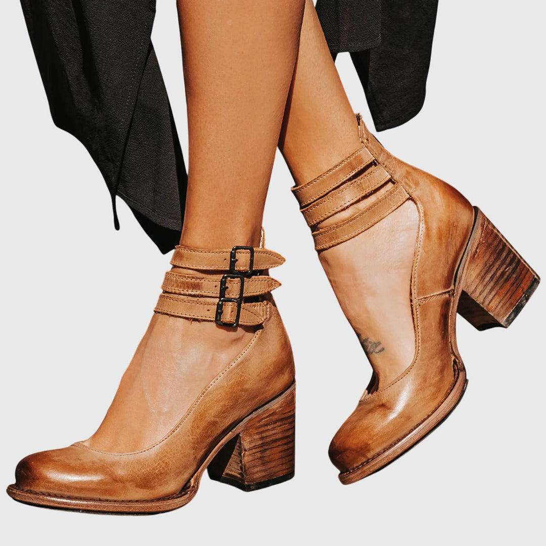 Stylish Boots for Women with Buckle Strap Block Heel Cutout Style