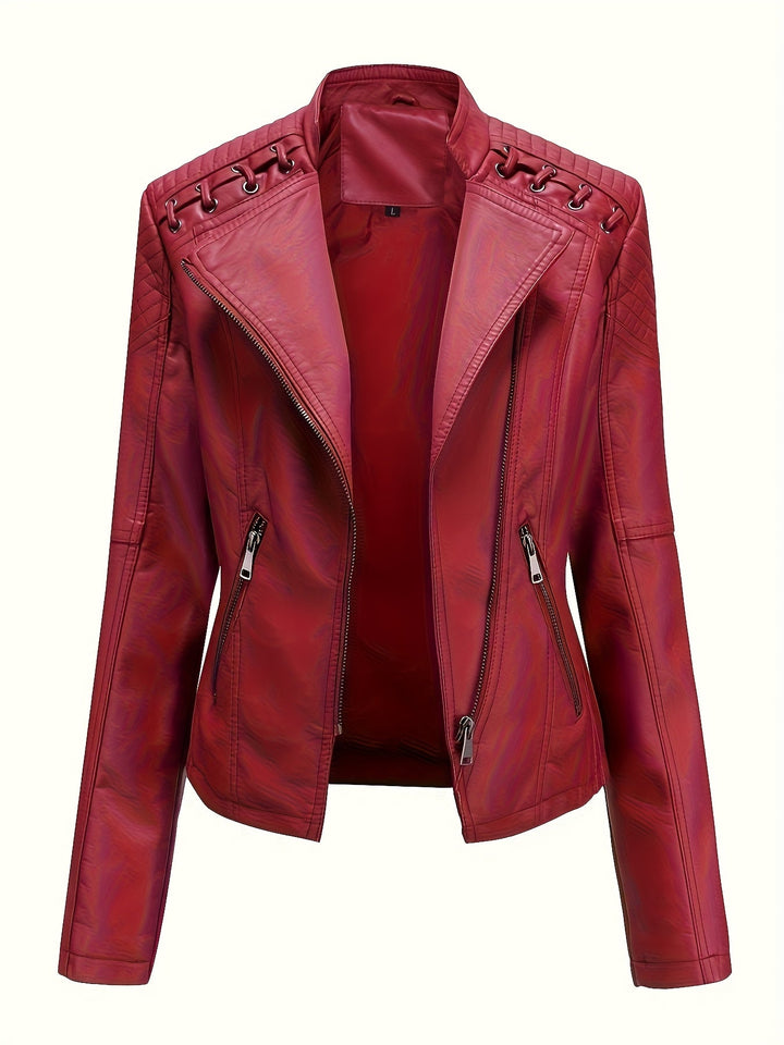 Elegant Leather Moto Jacket for Women with Notch Lapel Zip Front Studded Shoulder