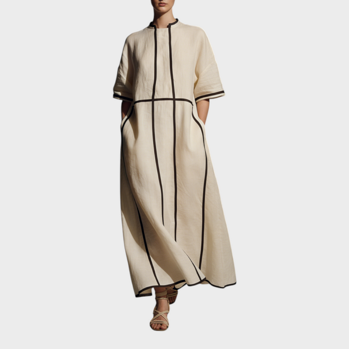 Peyton | Women's Modern Linen Blend Beige Stand-Collar Half-Sleeve Contrast-Line Pocketed Maxi Dress  MDA2924L4AU