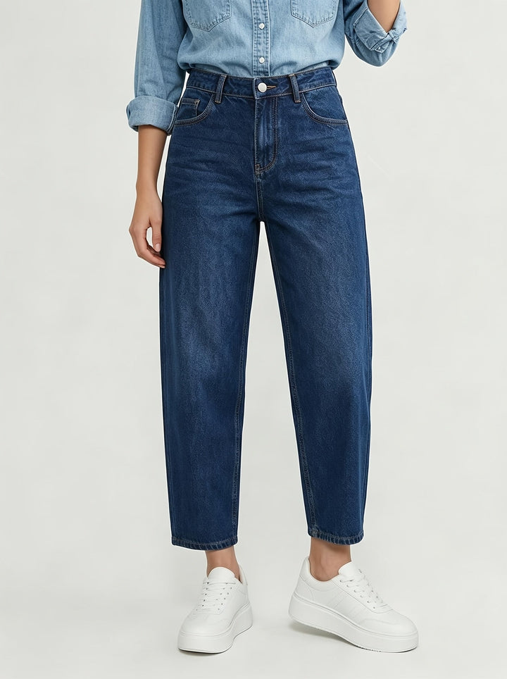 Effortless Deep Blue Relaxed Mom Jeans for Women with High Waist Barrel Leg Tapered Ankle