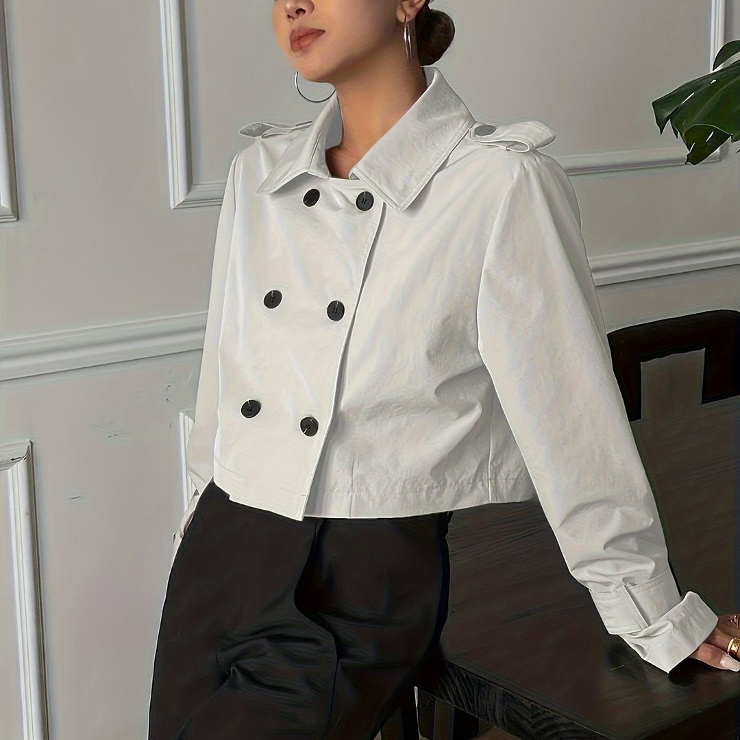 Elegant Khaki Pea Coat for Women with Notch Lapel Long Sleeve Double Breasted Cropped Style