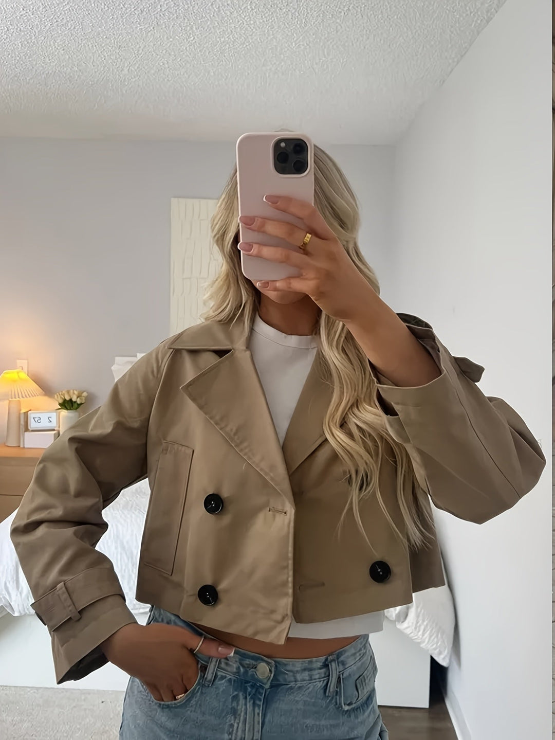 Elegant Coffee Brown Pea Coat for Women with Notched Lapel Long Sleeve Double Breasted Cropped Style