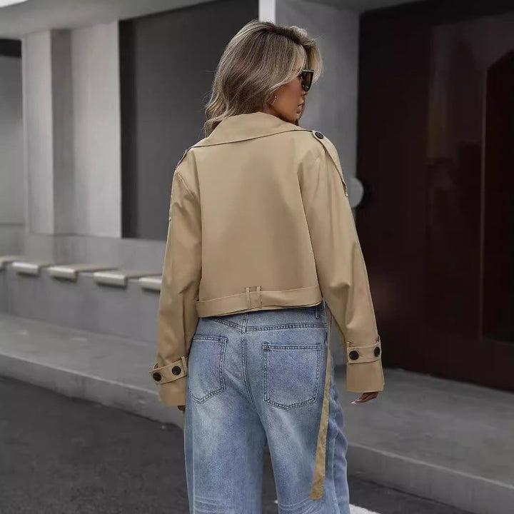 Effortless Khaki Trench Coat for Women with Notched Lapel Long Sleeve Cropped Double Breasted Style