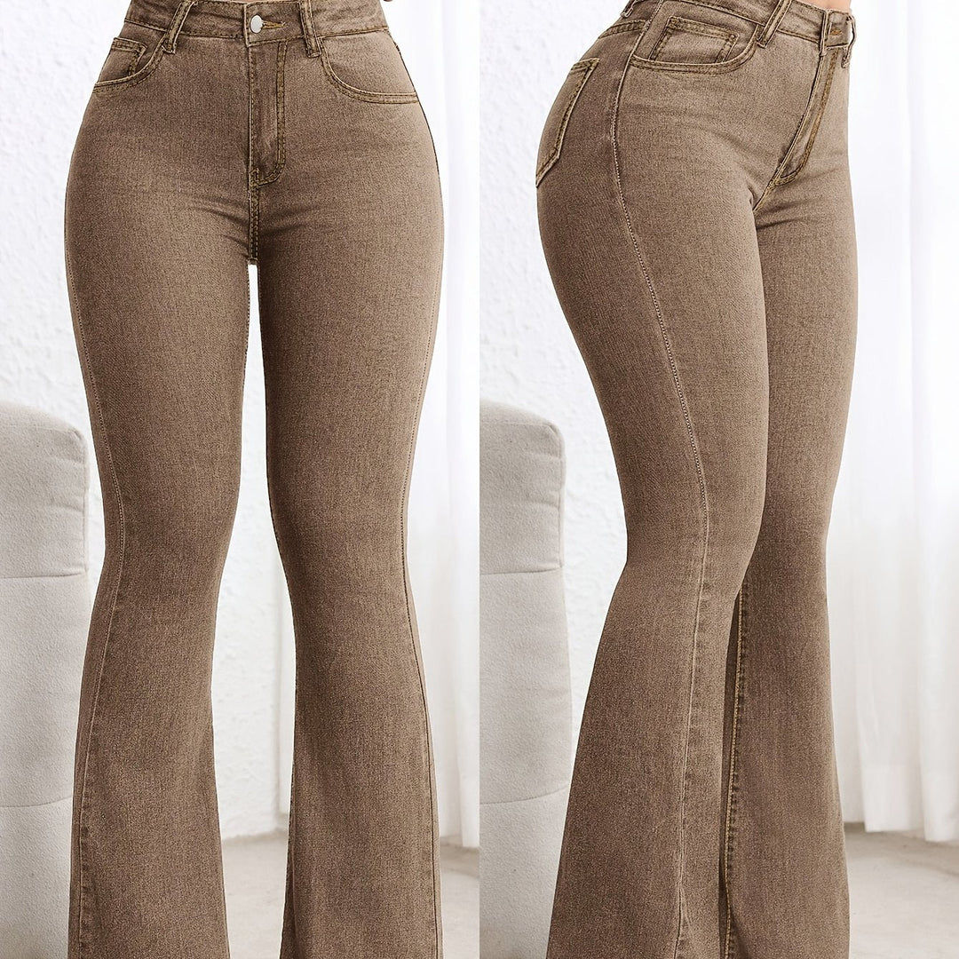 Effortless Coffee Brown Flare Jeans for Women with High Waisted Contrast Stitch Relaxed Style