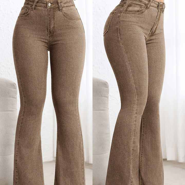 Effortless Coffee Brown Flare Jeans for Women with High Waisted Contrast Stitch Relaxed Style