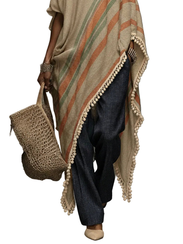 Khaki Linen Blend Printed Off Shoulder Dress With Fringe Hem