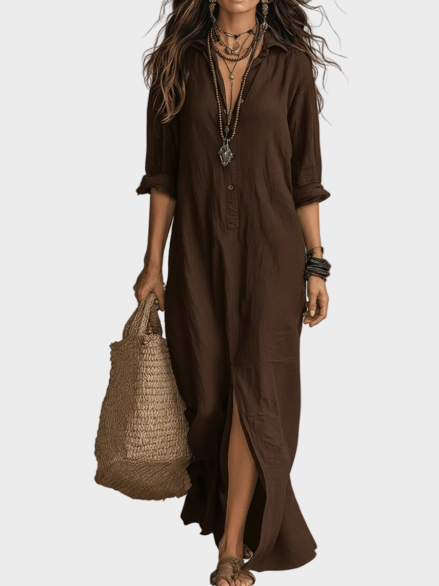 Delilah | Black Button-Front Bohemian Shirt Maxi Dress