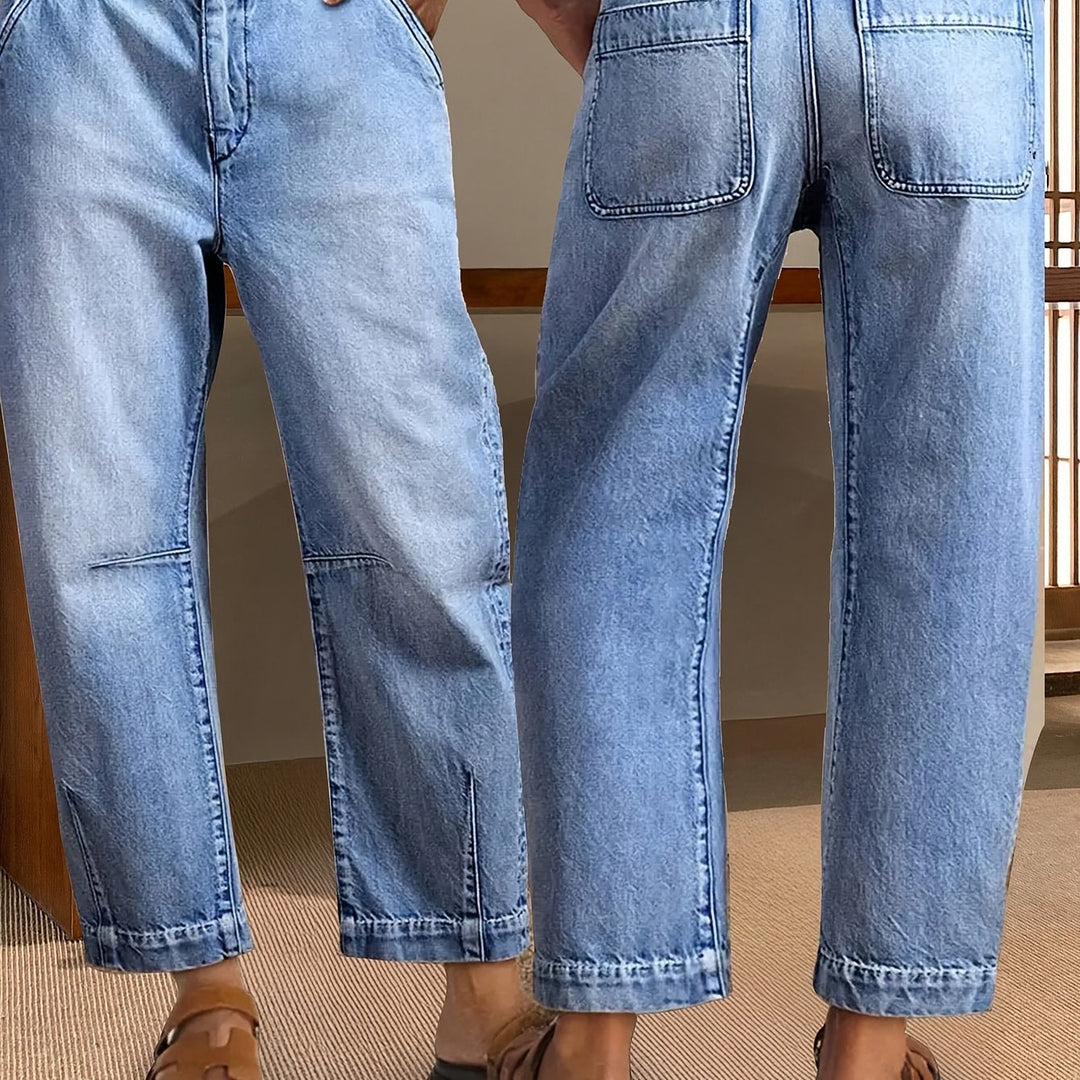 Effortless Light Blue Denim Mom Jeans for Women with High Waist Patch Pocket Tapered Ankle Slit Style