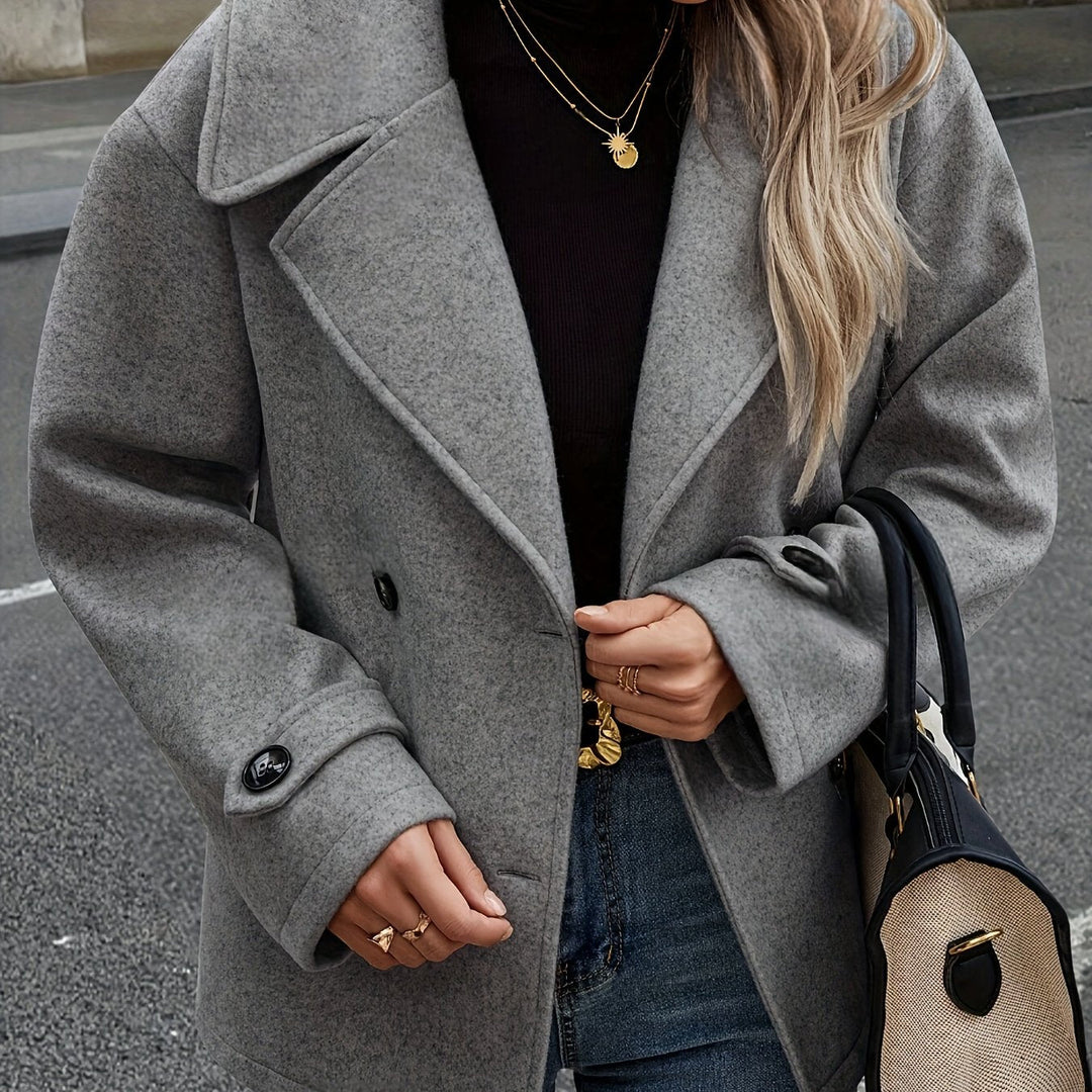 Elegant Dark Gray Wool High Pea Coat for Women with Notched Lapel Long Sleeve Double Breasted Oversized Style