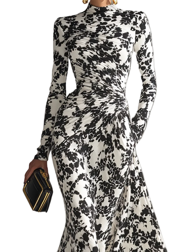 Women's Black And White Patterned Stretch Blend Wrap Dress