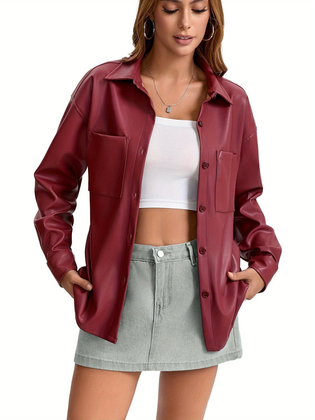 Effortless Leather Jacket for Women with Button Front Collared Oversized Shacket Style