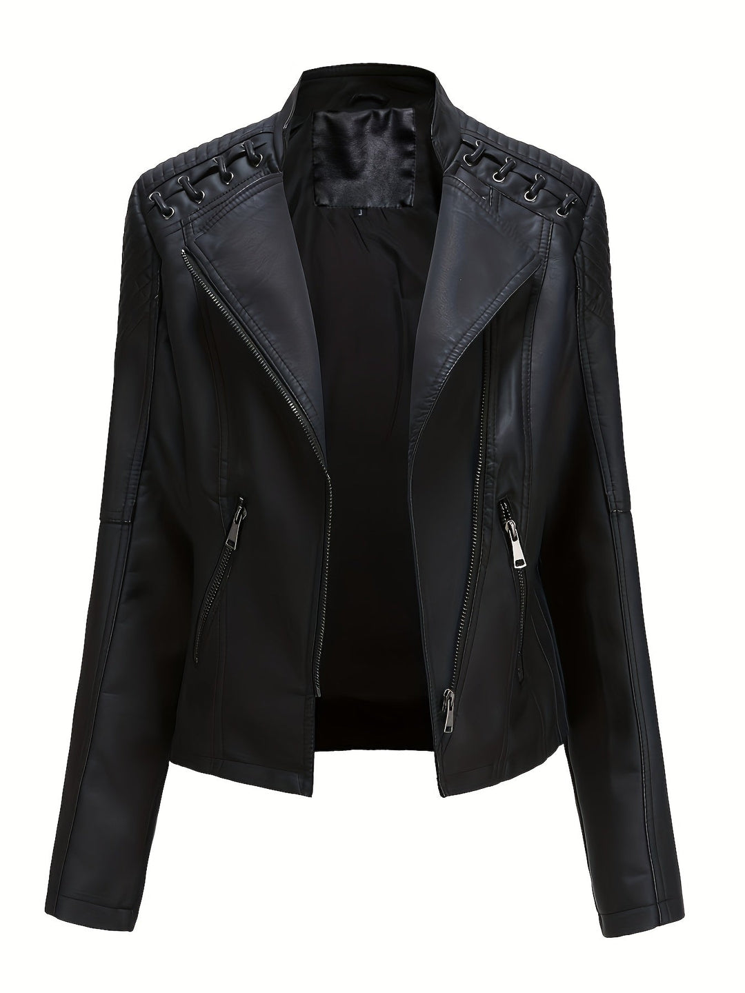 Elegant Leather Moto Jacket for Women with Notch Lapel Zip Front Studded Shoulder