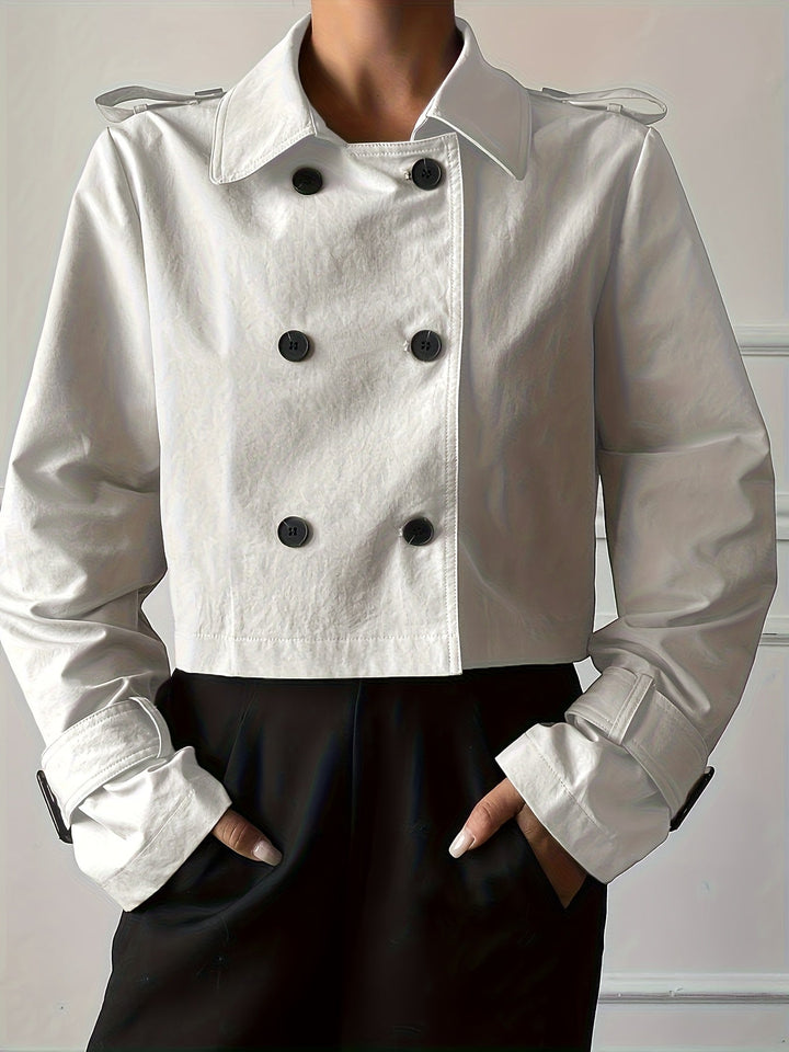 Elegant Khaki Pea Coat for Women with Notch Lapel Long Sleeve Double Breasted Cropped Style
